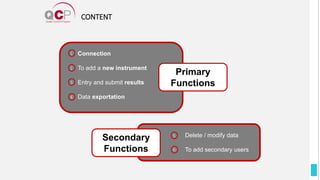 CONTENT
5
6
Delete / modify data
To add secondary users
Secondary
Functions
Connection
To add a new instrument
Entry and submit results
Data exportation
1
2
3
4
Primary
Functions
 