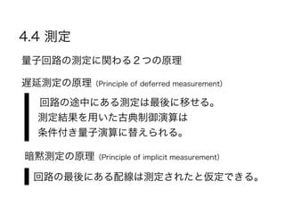 4.4 測定 
量子回路の測定に関わる２つの原理 
遅延測定の原理（Principle of deferred measurement） 
回路の途中にある測定は最後に移せる。 
測定結果を用いた古典制御演算は 
条件付き量子演算に替えられる。 
暗黙測定の原理（Principle of implicit measurement） 
回路の最後にある配線は測定されたと仮定できる。 
 