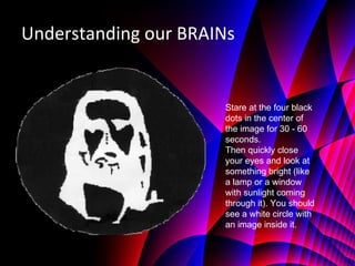 Understanding our BRAINs Stare at the four black dots in the center of the image for 30 - 60 seconds.  Then quickly close your eyes and look at something bright (like a lamp or a window  with sunlight coming through it). You should see a white circle with an image inside it. 
