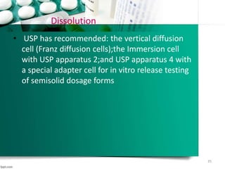 Dissolution
• USP has recommended: the vertical diffusion
cell (Franz diffusion cells);the Immersion cell
with USP apparatus 2;and USP apparatus 4 with
a special adapter cell for in vitro release testing
of semisolid dosage forms
35
 