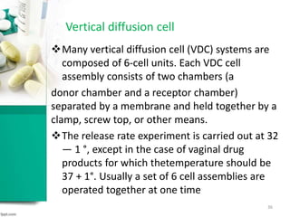 Vertical diffusion cell
Many vertical diffusion cell (VDC) systems are
composed of 6-cell units. Each VDC cell
assembly consists of two chambers (a
donor chamber and a receptor chamber)
separated by a membrane and held together by a
clamp, screw top, or other means.
The release rate experiment is carried out at 32
― 1 °, except in the case of vaginal drug
products for which thetemperature should be
37 + 1°. Usually a set of 6 cell assemblies are
operated together at one time
36
 