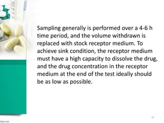 Sampling generally is performed over a 4-6 h
time period, and the volume withdrawn is
replaced with stock receptor medium. To
achieve sink condition, the receptor medium
must have a high capacity to dissolve the drug,
and the drug concentration in the receptor
medium at the end of the test ideally should
be as low as possible.
37
 
