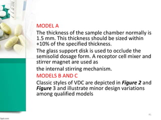 MODEL A
The thickness of the sample chamber normally is
1.5 mm. This thickness should be sized within
+10% of the specified thickness.
The glass support disk is used to occlude the
semisolid dosage form. A receptor cell mixer and
stirrer magnet are used as
the internal stirring mechanism.
MODELS B AND C
Classic styles of VDC are depicted in Figure 2 and
Figure 3 and illustrate minor design variations
among qualified models
41
 