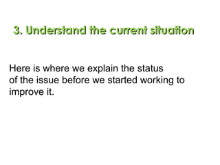 Here is where we explain the status
of the issue before we started working to
improve it.
3. Understand the current situation3. Understand the current situation
 