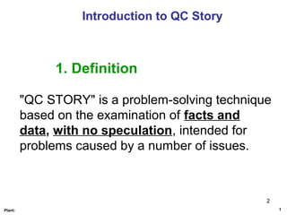 2
1Plant:
Introduction to QC Story
1. Definition
"QC STORY" is a problem-solving technique
based on the examination of facts and
data, with no speculation, intended for
problems caused by a number of issues.
 