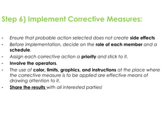 Step 6) Implement Corrective Measures:
- Ensure that probable action selected does not create side effects
- Before implementation, decide on the role of each member and a
schedule.
- Assign each corrective action a priority and stick to it.
- Involve the operators.
- The use of color, limits, graphics, and instructions at the place where
the corrective measure is to be applied are effective means of
drawing attention to it.
- Share the results with all interested parties!
 