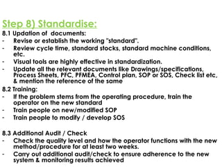 Step 8) Standardise:
8.1 Updation of documents:
- Revise or establish the working "standard".
- Review cycle time, standard stocks, standard machine conditions,
etc.
- Visual tools are highly effective in standardization.
- Update all the relevant documents like Drawings/specifications,
Process Sheets, PFC, PFMEA, Control plan, SOP or SOS, Check list etc,
& mention the reference of the same
8.2 Training:
- If the problem stems from the operating procedure, train the
operator on the new standard
- Train people on new/modified SOP
- Train people to modify / develop SOS
8.3 Additional Audit / Check
- Check the quality level and how the operator functions with the new
method/procedure for at least two weeks.
- Carry out additional audit/check to ensure adherence to the new
system & monitoring results achieved
 