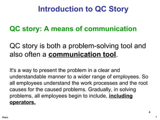 4
1Plant:
Introduction to QC Story
QC story: A means of communication
QC story is both a problem-solving tool and
also often a communication tool.
It's a way to present the problem in a clear and
understandable manner to a wider range of employees. So
all employees understand the work processes and the root
causes for the caused problems. Gradually, in solving
problems, all employees begin to include, including
operators.
 