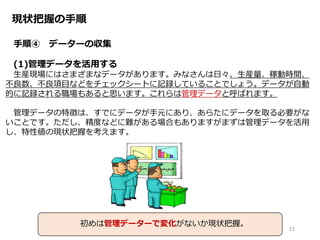 現状把握の手順
手順④ データーの収集
(1)管理データを活用する
生産現場にはさまざまなデータがあります。みなさんは日々、生産量、稼動時間、
不良数、不良項目などをチェックシートに記録していることでしょう。データが自動
的に記録される職場もあると思います。これらは管理データと呼ばれます。
管理データの特徴は、すでにデータが手元にあり、あらたにデータを取る必要がな
いことです。ただし、精度などに難がある場合もありますがまずは管理データを活用
し、特性値の現状把握を考えます。
22
初めは管理データーで変化がないか現状把握。
 