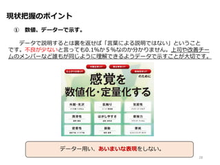 現状把握のポイント
① 数値、データーで示す。
データで説明するとは裏を返せば「言葉による説明ではない」ということ
です。不良が少ないと言っても0.1％か５％なのか分かりません。上司や改善チー
厶のメンバーなど誰もが同じように理解できるようデータで示すことが大切です。
28
データー用い、あいまいな表現をしない。
 