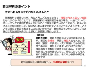 要因解析のポイント
考えられる要因をもれなくあげること
要因解析で重要なのが、発生メカニズムをふまえて、理屈で考えて正しい要因
をもれなくあげることです。要因解析に特性要因図を使う場合、一般にブレイン
ストーミングで要因を数多くあげることが推奨されていることもあり、数多くあ
げることが目的化して、関係ない要因まであげていることも多いようです。いろ
いろな視点で要因をあげることは良いのですが、真の原因をつかむステップであ
るので発生頻度が少ないと思われる要因は除外します。
《用語》
要因と原因…要因と原因はよく似た言葉である
が、要因は容疑者、原因は真犯人と考える。容
疑者（要因）が真犯人（真の原因）である可能
性もあるが、真犯人と決まったわけではない。
捜査過程で複数の容疑者を洗い出し、その中か
ら真犯人を絞り込むように、特性に対して考え
られる要因を洗い出し、その中から真の原因を
追求する
50
発生頻度が低い要因は除外し、効率的な解析を行う
 