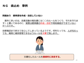 ＮＧ 歯止め 事例
問題あり 標準書を作成・改定していない
意外に多いのは、改善活動の報告書には○○のルールをつくり、それを守りま
す」と書いてあるのに、実際は標準書の作成・改定や周知徹底ができていない
ケースです。
効果確認まで終えて安心してしまっているようです。何年たっても、人が代わっ
ても、確実に維持管理できるようルールを文書で残します。
69
文書化したルールを継続的に改定する。
 