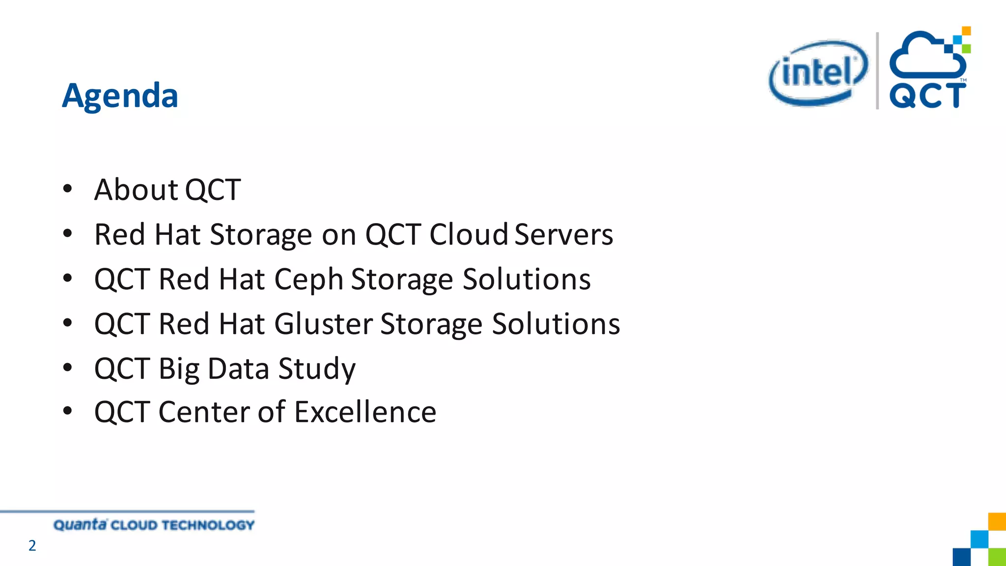 • About	QCT
• Red	Hat	Storage	on	QCT	Cloud	Servers
• QCT	Red	Hat	Ceph Storage Solutions
• QCT	Red	Hat	Gluster Storage Solutions
• QCT	Big	Data	Study
• QCT	Center	of	Excellence
Agenda
2
 