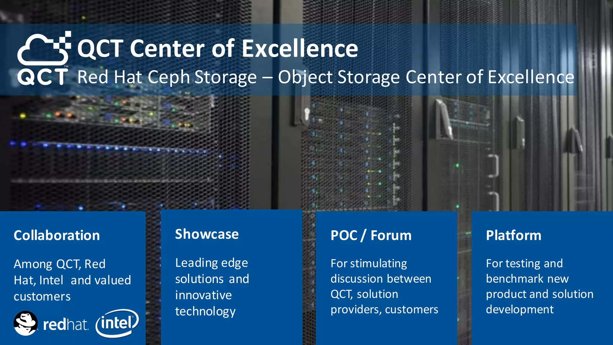 2424
POC	/	Forum
For	stimulating	
discussion	between	
QCT,	solution	
providers,	customers
Collaboration
Among	QCT,	Red	
Hat,	Intel		and	valued	
customers
Showcase
Leading	edge	
solutions	and	
innovative	
technology
Platform
For	testing	and	
benchmark	new	
product	and	solution	
development
QCT	Center	of	Excellence
Red	Hat	Ceph Storage	– Object	Storage	Center	of	Excellence
 