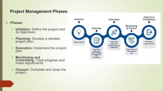 Project Management Phases
 Phases:
• Initiation: Define the project and
its objectives.
• Planning: Develop a detailed
project plan.
• Execution: Implement the project
plan.
• Monitoring and
Controlling: Track progress and
make adjustments.
• Closure: Complete and close the
project.
 
