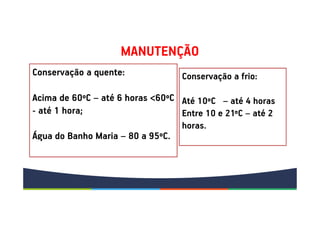MANUTENÇÃO
Conservação a quente:
Acima de 60ºC – até 6 horas <60ºC
- até 1 hora;
Água do Banho Maria – 80 a 95ºC.
Conservação a frio:
Até 10ºC – até 4 horas
Entre 10 e 21ºC – até 2
horas.
 
