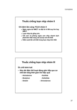 13/10/2016
27
Chỉ định lâm sàng TCLN nhóm II
● Ngăn ngừa tái NMCT và đột tử ở BN suy tim hay
NMCT
● Loạn nhịp do gắng sức
● Cắt cơn và phòng ngừa cơn nhịp nhanh kịch
phát trên thất vòng vào lại tại nút nhĩ thất
● Kiểm soát tần số thất trong loạn nhịp trên thất
Thuốc chống loạn nhịp nhóm II
Ức chế kênh kali
• Kéo dài điện thế hoạt động gián tiếp qua cơ
chế làm tăng thời gian trơ hiệu quả
- Amiodarone - Ibutilide
- Bretylium - Dofetilide
- Sotalol - Dronedarone
Thuốc chống loạn nhịp nhóm III
 