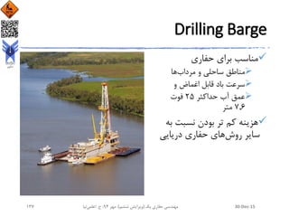Drilling Barge
‫حفاری‬ ‫برای‬ ‫مناسب‬
‫مرداب‬ ‫و‬ ‫ساحلی‬ ‫مناطق‬‫ها‬
‫و‬ ‫اغماض‬ ‫قابل‬ ‫باد‬ ‫سرعت‬
‫حداکثر‬ ‫آب‬ ‫عمق‬25‫فوت‬
٧.6‫متر‬
‫ب‬ ‫نسبت‬ ‫بودن‬ ‫تر‬ ‫کم‬ ‫هزینه‬‫ه‬
‫سایر‬‫روش‬‫حفاری‬ ‫های‬‫دریایی‬
30-Dec-15‫یک‬ ‫حفاری‬ ‫مهندسی‬(‫ششم‬ ‫ویرایش‬)‫مهر‬ ،94‫ح‬ ،.‫اعلمی‬‫نیا‬137
 