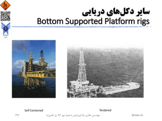 ‫دکل‬ ‫سایر‬‫دریایی‬ ‫های‬
Bottom Supported Platform rigs
Self Contained Tendered
30-Dec-15‫یک‬ ‫حفاری‬ ‫مهندسی‬(‫ششم‬ ‫ویرایش‬)‫مهر‬ ،94‫ح‬ ،.‫اعلمی‬‫نیا‬147
 