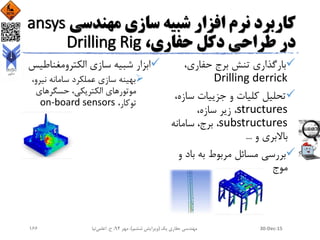 ‫مهندسی‬ ‫سازی‬ ‫شبیه‬ ‫افزار‬ ‫نرم‬ ‫کاربرد‬ansys
،‫حفاری‬ ‫دکل‬ ‫طراحی‬ ‫در‬Drilling Rig
،‫حفاری‬ ‫برج‬ ‫تنش‬ ‫بارگذاری‬
Drilling derrick
،‫سازه‬ ‫جزییات‬ ‫و‬ ‫کلیات‬ ‫تحلیل‬
structures،‫سازه‬ ‫زیر‬ ،
substructures‫سامانه‬ ،‫برج‬ ،
‫و‬ ‫باالبری‬...
‫و‬ ‫باد‬ ‫به‬ ‫مربوط‬ ‫مسائل‬ ‫بررسی‬
‫موج‬
‫الکترومغناط‬ ‫سازی‬ ‫شبیه‬ ‫ابزار‬‫یس‬
‫نیر‬ ‫سامانه‬ ‫عملکرد‬ ‫سازی‬ ‫بهینه‬،‫و‬
‫حسگرهای‬ ،‫الکتریکی‬ ‫موتورهای‬
،‫توکار‬on-board sensors
30-Dec-15‫یک‬ ‫حفاری‬ ‫مهندسی‬(‫ششم‬ ‫ویرایش‬)‫مهر‬ ،94‫ح‬ ،.‫اعلمی‬‫نیا‬166
 