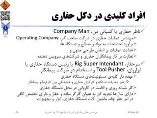 ‫حفاری‬ ‫دکل‬ ‫در‬ ‫کلیدی‬ ‫افراد‬
‫ناظر‬،‫من‬ ‫کمپانی‬ ‫یا‬ ‫حفاری‬Company Man
‫مهندس‬،‫کار‬ ‫صاحب‬ ‫شرکت‬ ‫در‬ ‫حفاری‬ ‫عملیات‬Operating Company
،‫ها‬ ‫دستگاه‬ ‫و‬ ‫مصالح‬ ‫و‬ ‫مواد‬ ‫به‬ ‫احتیاجات‬ ‫برآورد‬
‫و‬ ‫مدون‬ ‫طراحی‬ ‫اساس‬ ‫بر‬ ‫عملیات‬ ‫هدایت‬
‫شرکت‬ ‫و‬ ‫حفاری‬ ‫پیمانکاران‬ ‫کار‬ ‫بر‬ ‫نظارت‬‫دهنده‬ ‫سرویس‬ ‫های‬
،‫سرحفار‬Rig Super Intendant‫یا‬ ‫حفاری‬ ‫دستگاه‬ ‫رئیس‬ ‫یا‬
‫ابزارران‬،Tool Pusher‫پیمانکار‬ ‫شرکت‬ ‫در‬ ‫استخدام‬ ‫و‬
‫کلیه‬ ‫دار‬ ‫عهده‬‫مسئولیت‬ ‫ی‬‫دستگاه‬ ‫های‬‫حفاری‬
‫پیمانکار‬ ‫و‬ ‫کارفرما‬ ‫بین‬ ‫هماهنگی‬ ‫و‬ ‫حفاری‬ ‫کارکنان‬ ‫و‬ ‫دستگاه‬ ‫عملیات‬ ‫رهبر‬
‫حفاری‬ ‫دستگاه‬ ‫محل‬ ‫در‬ ‫کاروانی‬ ‫در‬ ‫اقامت‬ ‫و‬ ‫روزی‬ ‫شبانه‬ ‫کار‬
‫دارای‬‫سال‬‫تجربه‬ ‫ها‬‫کافی‬ ‫تخصص‬ ‫دارای‬ ‫و‬ ‫حفار‬ ‫و‬ ‫ساده‬ ‫کارگر‬ ‫عنوان‬ ‫به‬ ‫کار‬
‫و‬ ‫ابزار‬ ،‫حفاری‬ ‫دستگاه‬ ‫آالت‬ ‫ماشین‬ ،‫چاه‬ ‫حفر‬ ‫امر‬ ‫در‬‫تجهیزات‬
30-Dec-15‫یک‬ ‫حفاری‬ ‫مهندسی‬(‫ششم‬ ‫ویرایش‬)‫مهر‬ ،94‫ح‬ ،.‫اعلمی‬‫نیا‬168
 