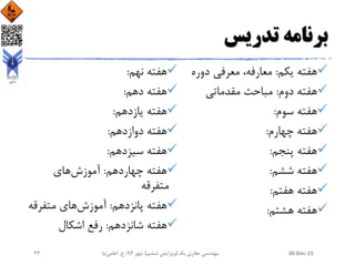 ‫تدریس‬ ‫برنامه‬
‫یکم‬ ‫هفته‬:‫دوره‬ ‫معرفی‬ ،‫معارفه‬
‫دوم‬ ‫هفته‬:‫مقدماتی‬ ‫مباحث‬
‫سوم‬ ‫هفته‬:
‫چهارم‬ ‫هفته‬:
‫پنجم‬ ‫هفته‬:
‫ششم‬ ‫هفته‬:
‫هفتم‬ ‫هفته‬:
‫هشتم‬ ‫هفته‬:
‫نهم‬ ‫هفته‬:
‫دهم‬ ‫هفته‬:
‫یازدهم‬ ‫هفته‬:
‫دوازدهم‬ ‫هفته‬:
‫سیزدهم‬ ‫هفته‬:
‫چهاردهم‬ ‫هفته‬:‫آموزش‬‫های‬
‫متفرقه‬
‫پانزدهم‬ ‫هفته‬:‫آموزش‬‫متفرق‬ ‫های‬‫ه‬
‫شانزدهم‬ ‫هفته‬:‫اشکال‬ ‫رفع‬
30-Dec-15‫یک‬ ‫حفاری‬ ‫مهندسی‬(‫ششم‬ ‫ویرایش‬)‫مهر‬ ،94‫ح‬ ،.‫اعلمی‬‫نیا‬23
 