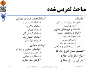‫شده‬ ‫تدریس‬ ‫مباحث‬
‫مقدمات‬
‫گاز‬ ‫و‬ ‫نفت‬ ‫میدان‬ ‫توسعه‬
‫توسعه‬ ‫مراحل‬
‫هزینه‬ ‫و‬ ‫اقتصاد‬‫حفاری‬ ‫های‬
‫حفاری‬ ‫قراردادهای‬ ‫انواع‬
‫چاه‬ ‫حفر‬ ‫تاریخچه‬
‫حفاری‬ ‫تحوالت‬
‫روش‬‫چاه‬ ‫حفر‬ ‫های‬
‫طراحی‬ ‫و‬ ‫حفاری‬ ‫مهندسی‬
‫ها‬ ‫چاه‬ ‫انواع‬ ‫بندی‬ ‫تقسیم‬
‫دکل‬ ‫انواع‬‫حفاری‬ ‫های‬
‫حفاری‬ ‫پرسنل‬ ‫معرفی‬
‫سامانه‬‫دورانی‬ ‫حفاری‬ ‫های‬
‫نیرو‬ ‫تامین‬ ‫سامانه‬
‫باالبری‬ ‫سامانه‬
‫دورانی‬ ‫سامانه‬
‫گل‬ ‫گردش‬ ‫سامانه‬
‫چاه‬ ‫کنترل‬ ‫سامانه‬
‫دقیق‬ ‫ابزار‬ ‫سامانه‬
‫حفاری‬ ‫رشته‬
‫لوله‬‫ای‬ ‫وزنه‬ ‫و‬ ‫حفاری‬ ‫های‬
‫مربوطه‬ ‫محاسبات‬
‫چاهی‬ ‫ته‬ ‫ملحقات‬
‫حفاری‬ ‫مته‬ ‫گردش‬
30-Dec-15‫یک‬ ‫حفاری‬ ‫مهندسی‬(‫ششم‬ ‫ویرایش‬)‫مهر‬ ،94‫ح‬ ،.‫اعلمی‬‫نیا‬24
 