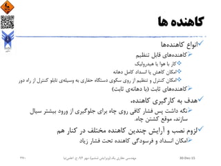 ‫ها‬ ‫کاهنده‬
‫کاهنده‬ ‫انواع‬‫ها‬
‫کاهنده‬‫تنظیم‬ ‫قابل‬ ‫های‬
‫هیدرولیک‬ ‫یا‬ ‫هوا‬ ‫با‬ ‫کار‬
‫دهانه‬ ‫کامل‬ ‫انسداد‬ ‫یا‬ ‫کاهش‬ ‫امکان‬
‫وسیله‬ ‫به‬ ‫حفاری‬ ‫دستگاه‬ ‫سکوی‬ ‫روی‬ ‫از‬ ‫تنظیم‬ ‫و‬ ‫کنترل‬ ‫امکان‬‫کنتر‬ ‫تابلو‬ ‫ی‬‫دور‬ ‫راه‬ ‫از‬ ‫ل‬
‫کاهنده‬‫ثابت‬ ‫های‬(‫دهانه‬ ‫با‬‫ثابت‬ ‫ی‬)
،‫کاهنده‬ ‫کارگیری‬ ‫به‬ ‫هدف‬
‫سی‬ ‫بیشتر‬ ‫ورود‬ ‫از‬ ‫جلوگیری‬ ‫برای‬ ‫چاه‬ ‫روی‬ ‫کافی‬ ‫فشار‬ ‫پس‬ ‫داشت‬ ‫نگه‬‫ال‬
‫چاه‬ ‫کشتن‬ ‫موقع‬ ،‫سازند‬.
‫هم‬ ‫کنار‬ ‫در‬ ‫مختلف‬ ‫کاهنده‬ ‫چندین‬ ‫آرایش‬ ‫و‬ ‫نصب‬ ‫لزوم‬
‫زیاد‬ ‫فشار‬ ‫تحت‬ ‫کاهنده‬ ‫فرسودگی‬ ‫و‬ ‫انسداد‬ ‫امکان‬
30-Dec-15‫یک‬ ‫حفاری‬ ‫مهندسی‬(‫ششم‬ ‫ویرایش‬)‫مهر‬ ،94‫ح‬ ،.‫اعلمی‬‫نیا‬270
 