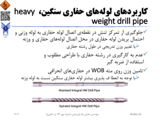 ‫کاربردهای‬‫لوله‬‫حفاری‬ ‫های‬،‫سنگین‬heavy
weight drill pipe
‫از‬ ‫جلوگیری‬‫نقطه‬ ‫در‬ ‫تنش‬ ‫تمرکز‬‫لوله‬ ‫به‬ ‫حفاری‬ ‫لوله‬ ‫اتصال‬ ‫ی‬‫و‬ ‫وزنی‬
‫احتمال‬‫محل‬ ‫در‬ ‫حفاری‬ ‫لوله‬ ‫بریدن‬‫لوله‬ ‫اتصال‬‫وزنه‬ ‫و‬ ‫حفاری‬ ‫های‬
‫حفاری‬ ‫رشته‬ ‫طول‬ ‫در‬ ‫تدریجی‬ ‫وزن‬ ‫تغییر‬ ‫با‬
‫و‬ ‫مطلوب‬ ‫طراحی‬ ‫با‬ ‫حفاری‬ ‫رشته‬ ‫در‬ ‫کارگیری‬ ‫به‬ ‫عدم‬
‫گیر‬ ‫ضربه‬ ‫از‬ ‫استفاده‬
‫مته‬ ‫روی‬ ‫وزن‬ ‫تامین‬WOB‫در‬‫حفاری‬‫انحرافی‬ ‫های‬
‫ل‬ ‫به‬ ‫نسبت‬ ‫سنگین‬ ‫حفاری‬ ‫لوله‬ ‫بیشتر‬ ‫پذیری‬ ‫ف‬ ‫انعطا‬ ‫به‬ ‫توجه‬ ‫با‬‫وزنه‬ ‫وله‬
30-Dec-15‫یک‬ ‫حفاری‬ ‫مهندسی‬(‫ششم‬ ‫ویرایش‬)‫مهر‬ ،94‫ح‬ ،.‫اعلمی‬‫نیا‬303
 