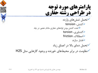 ‫توجه‬ ‫مورد‬ ‫پارامترهای‬
‫حفاری‬ ‫رشته‬ ‫طراحی‬ ‫در‬
‫تنش‬ ‫تحمل‬‫وارده‬ ‫های‬
،‫کشش‬tension
‫لوله‬ ‫بودن‬ ‫کشش‬ ‫تحت‬‫حفاری‬ ‫های‬‫حضور‬ ‫مادام‬‫در‬‫چاه‬
،‫گشتاوری‬torsion
،‫اصطکاک‬friction
‫سازند‬ ‫فشار‬
‫زیاد‬ ‫اعماق‬ ‫در‬ ‫باال‬ ‫دمای‬ ‫تحمل‬
‫محیط‬ ‫برابر‬ ‫در‬ ‫مقاومت‬‫مثل‬ ‫گازهایی‬ ‫وجود‬ ‫و‬ ‫خورنده‬ ‫های‬H2S
30-Dec-15‫یک‬ ‫حفاری‬ ‫مهندسی‬(‫ششم‬ ‫ویرایش‬)‫مهر‬ ،94‫ح‬ ،.‫اعلمی‬‫نیا‬312
 