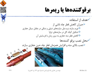 ‫برقوکننده‬‫یا‬ ‫ها‬‫ریمرها‬
‫استفاده‬ ‫از‬ ‫هدف‬
‫جبران‬‫از‬ ‫ناشی‬ ‫چاه‬ ‫قطر‬ ‫کاهش‬
‫نرم‬ ‫سازند‬ ‫تورم‬‫مثل‬‫سیال‬ ‫مقابل‬ ‫در‬ ‫نمکی‬ ‫و‬ ‫شیلی‬ ‫سازندهای‬‫حفاری‬
‫سازند‬ ‫در‬ ‫گل‬ ‫کیک‬ ‫تشکیل‬‫تراوا‬ ‫های‬
‫فرسایش‬ ‫با‬ ‫زمان‬ ‫مرور‬ ‫به‬ ‫حفاری‬ ‫مته‬ ‫قطر‬ ‫کاهش‬‫آن‬
‫برقو‬ ‫نصب‬ ‫محل‬‫کننده‬‫ها‬
‫سازند‬ ‫حفاری‬ ‫حین‬ ‫چاه‬ ‫قطر‬ ‫همزمان‬ ‫افزایش‬ ‫و‬ ‫مته‬ ‫باالی‬ ‫نصب‬
30-Dec-15‫یک‬ ‫حفاری‬ ‫مهندسی‬(‫ششم‬ ‫ویرایش‬)‫مهر‬ ،94‫ح‬ ،.‫اعلمی‬‫نیا‬346
 