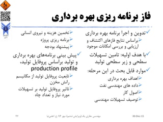 ‫برداری‬ ‫بهره‬ ‫ریزی‬ ‫برنامه‬ ‫فاز‬
‫برداری‬ ‫بهره‬ ‫برنامه‬ ‫اجرا‬ ‫و‬ ‫تدوین‬
‫نتایج‬ ‫براساس‬‫فاز‬‫اکتشاف‬ ‫های‬‫و‬
‫موجود‬ ‫امکانات‬ ‫بررسی‬ ‫و‬ ‫ارزیابی‬
‫اولیه‬ ‫هدف‬ ‫با‬:‫تسهیالت‬ ‫تامین‬
‫تولید‬ ‫سطحی‬ ‫زیر‬ ‫و‬ ‫سطحی‬
‫مرحله‬ ‫این‬ ‫در‬ ‫بحث‬ ‫قابل‬ ‫موارد‬:
‫برداری‬ ‫بهره‬ ‫اهداف‬
‫داده‬‫نفت‬ ‫مهندسی‬ ‫های‬
‫کار‬ ‫اصول‬
‫مهندسی‬ ‫تسهیالت‬ ‫توصیف‬
‫انسانی‬ ‫نیروی‬ ‫و‬ ‫هزینه‬ ‫تخمین‬
‫پروژه‬ ‫ریزی‬ ‫برنامه‬
‫بودجه‬ ‫پیشنهاد‬
‫برنامه‬ ‫بینی‬ ‫پیش‬‫ب‬ ‫بهره‬ ‫های‬‫رداری‬
‫تول‬ ‫پروفایل‬ ‫براساس‬ ‫تولید‬ ‫و‬،‫ید‬
production profile
‫مکان‬ ‫از‬ ‫تولید‬ ‫پروفایل‬ ‫تابعیت‬‫یسم‬
‫مخزن‬ ‫رانش‬
‫تسه‬ ‫بر‬ ‫تولید‬ ‫پروفایل‬ ‫تاثیر‬‫یالت‬
‫چاه‬ ‫تعداد‬ ‫و‬ ‫نیاز‬ ‫مورد‬
30-Dec-15‫یک‬ ‫حفاری‬ ‫مهندسی‬(‫ششم‬ ‫ویرایش‬)‫مهر‬ ،94‫ح‬ ،.‫اعلمی‬‫نیا‬46
 