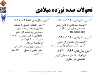 ‫میالدی‬ ‫نوزده‬ ‫صده‬ ‫تحوالت‬
‫سال‬ ‫بین‬‫های‬1910-1900،
‫مته‬ ‫توسعه‬‫برش‬ ‫عامل‬ ‫با‬ ‫هایی‬
‫دهنده‬،‫شکل‬ ‫مخروطی‬ ‫ی‬
tri-cone bit
‫سال‬ ‫بین‬‫های‬1940-1920،
‫مته‬ ‫از‬ ‫استفاده‬‫جنس‬ ‫از‬ ‫های‬
‫آ‬ ‫در‬ ‫اولین‬ ‫برای‬ ‫کربورتنگستن‬‫لمان‬.
‫سال‬ ‫بین‬‫های‬1966-1940،
‫مته‬ ‫از‬ ‫استفاده‬ ‫رواج‬‫کربور‬ ‫های‬
‫حفاری‬ ‫در‬ ‫تنگستن‬
‫سال‬ ‫بین‬‫های‬1985-19٧0،
‫چاه‬ ‫حفر‬‫سامانه‬ ‫با‬ ‫عمیق‬ ‫های‬
‫منظور‬ ‫به‬ ‫چرخشی‬ ‫حفاری‬
‫حفر‬ ،‫گاز‬ ،‫نفت‬ ‫به‬ ‫دسترسی‬
‫چاه‬‫از‬ ‫بیش‬ ‫عمق‬ ‫با‬ ‫هایی‬10000
‫متر‬(30000‫فوت‬)‫در‬
‫و‬ ‫آمریکا‬ ‫اوکالهما‬
‫آن‬ ‫متعاقب‬ ‫و‬ ‫شوروی‬ ‫سیبری‬
‫عمق‬ ‫با‬ ‫چاهی‬ ‫حفر‬13000‫متر‬
‫آلمان‬ ‫در‬
30-Dec-15‫یک‬ ‫حفاری‬ ‫مهندسی‬(‫ششم‬ ‫ویرایش‬)‫مهر‬ ،94‫ح‬ ،.‫اعلمی‬‫نیا‬75
 
