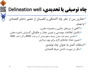 ،‫تحدیدی‬ ‫یا‬ ‫توصیفی‬ ‫چاه‬Delineation well
‫اقتص‬ ‫ذخایر‬ ‫حضور‬ ‫از‬ ‫اطمینان‬ ‫و‬ ‫اکتشافی‬ ‫چاه‬ ‫حفر‬ ‫از‬ ‫پس‬ ‫حفاری‬‫ادی‬
‫هدف‬ ‫با‬
‫مرز‬ ‫از‬ ‫آگاهی‬،‫مخزن‬ ‫محدوده‬ ‫و‬ ‫جانبی‬ ‫های‬
‫م‬ ‫ذخیره‬ ‫گسترش‬ ‫چگونگی‬ ‫و‬ ‫مقدار‬ ‫تعیین‬ ‫و‬ ‫مهندسی‬ ‫اطالعات‬ ‫تکمیل‬‫خزن‬
‫نفت‬ ‫و‬ ‫آب‬ ‫تماس‬ ‫سطح‬ ‫توسط‬ ‫مخزن‬ ‫نفت‬ ‫حجم‬ ‫تخمین‬WOC‫نفت‬ ‫با‬ ‫گاز‬ ‫و‬GOC
‫چاه‬ ‫تعداد‬ ‫تعیین‬‫برداری‬ ‫بهره‬ ‫برای‬ ‫الزم‬ ‫های‬
‫تولیدی‬ ‫چاه‬ ‫عنوان‬ ‫به‬ ‫کمتر‬ ‫استفاده‬
‫اقتصادی‬ ‫صرفه‬ ‫داشتن‬ ‫صورت‬ ‫در‬ ‫مگر‬
30-Dec-15‫یک‬ ‫حفاری‬ ‫مهندسی‬(‫ششم‬ ‫ویرایش‬)‫مهر‬ ،94‫ح‬ ،.‫اعلمی‬‫نیا‬98
 