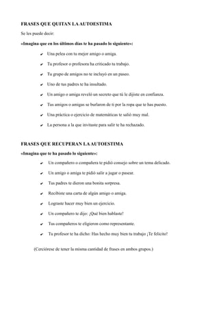 FRASES QUE QUITAN LAAUTOESTIMA
Se les puede decir:
«Imagina que en los últimos días te ha pasado lo siguiente»:
✔ Una pelea con tu mejor amigo o amiga.
✔ Tu profesor o profesora ha criticado tu trabajo.
✔ Tu grupo de amigos no te incluyó en un paseo.
✔ Uno de tus padres te ha insultado.
✔ Un amigo o amiga reveló un secreto que tú le dijiste en confianza.
✔ Tus amigos o amigas se burlaron de ti por la ropa que te has puesto.
✔ Una práctica o ejercicio de matemáticas te salió muy mal.
✔ La persona a la que invitaste para salir te ha rechazado.
FRASES QUE RECUPERAN LAAUTOESTIMA
«Imagina que te ha pasado lo siguiente»:
✔ Un compañero o compañera te pidió consejo sobre un tema delicado.
✔ Un amigo o amiga te pidió salir a jugar o pasear.
✔ Tus padres te dieron una bonita sorpresa.
✔ Recibiste una carta de algún amigo o amiga.
✔ Lograste hacer muy bien un ejercicio.
✔ Un compañero te dijo: ¡Qué bien hablaste!
✔ Tus compañeros te eligieron como representante.
✔ Tu profesor te ha dicho: Has hecho muy bien tu trabajo ¡Te felicito!
(Cerciórese de tener la misma cantidad de frases en ambos grupos.)
 