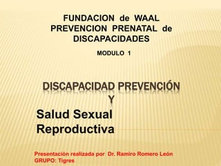 FUNDACION de WAAL 
PREVENCION PRENATAL de 
DISCAPACIDADES 
MODULO 1 
DISCAPACIDAD PREVENCIÓN 
Y 
Salud Sexual 
Reproductiva 
Presentación realizada por Dr. Ramiro Romero León 
GRUPO: Tigres 
 