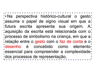•Na perspectiva histórico-cultural o gesto
assume o papel de signo visual em que a
futura escrita apresenta sua origem. A
aquisição da escrita está relacionada com o
processo de simbolismo na criança, em que a
relação entre o gesto com o faz de conta e o
desenho é concebido como elemento
essencial para compreender a complexidade
dos processos de representação.
 