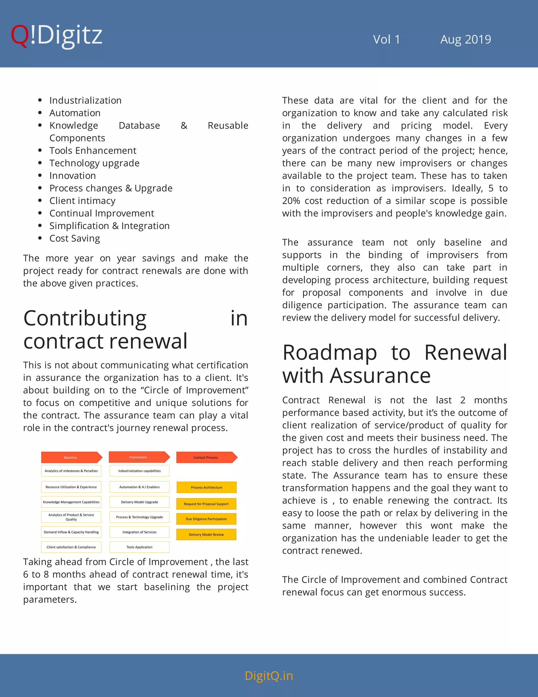Q!Digitz                                         Vol 1            Aug 2019
 Industrialization
 Automation
 Knowledge Database & Reusable
Components
 Tools Enhancement
 Technology upgrade
 Innovation
 Process changes & Upgrade
 Client intimacy
 Continual Improvement
 Simpli cation & Integration
 Cost Saving
The more year on year savings and make the
project ready for contract renewals are done with
the above given practices.
Contributing in
contract renewal
This is not about communicating what certi cation
in assurance the organization has to a client. It's
about building on to the “Circle of Improvement”
to focus on competitive and unique solutions for
the contract. The assurance team can play a vital
role in the contract's journey renewal process.
Taking ahead from Circle of Improvement , the last
6 to 8 months ahead of contract renewal time, it's
important that we start baselining the project
parameters.
These data are vital for the client and for the
organization to know and take any calculated risk
in the delivery and pricing model. Every
organization undergoes many changes in a few
years of the contract period of the project; hence,
there can be many new improvisers or changes
available to the project team. These has to taken
in to consideration as improvisers. Ideally, 5 to
20% cost reduction of a similar scope is possible
with the improvisers and people's knowledge gain.
The assurance team not only baseline and
supports in the binding of improvisers from
multiple corners, they also can take part in
developing process architecture, building request
for proposal components and involve in due
diligence participation. The assurance team can
review the delivery model for successful delivery.
Roadmap to Renewal
with Assurance
Contract Renewal is not the last 2 months
performance based activity, but it’s the outcome of
client realization of service/product of quality for
the given cost and meets their business need. The
project has to cross the hurdles of instability and
reach stable delivery and then reach performing
state. The Assurance team has to ensure these
transformation happens and the goal they want to
achieve is , to enable renewing the contract. Its
easy to loose the path or relax by delivering in the
same manner, however this wont make the
organization has the undeniable leader to get the
contract renewed.
The Circle of Improvement and combined Contract
renewal focus can get enormous success.
DigitQ.in
 