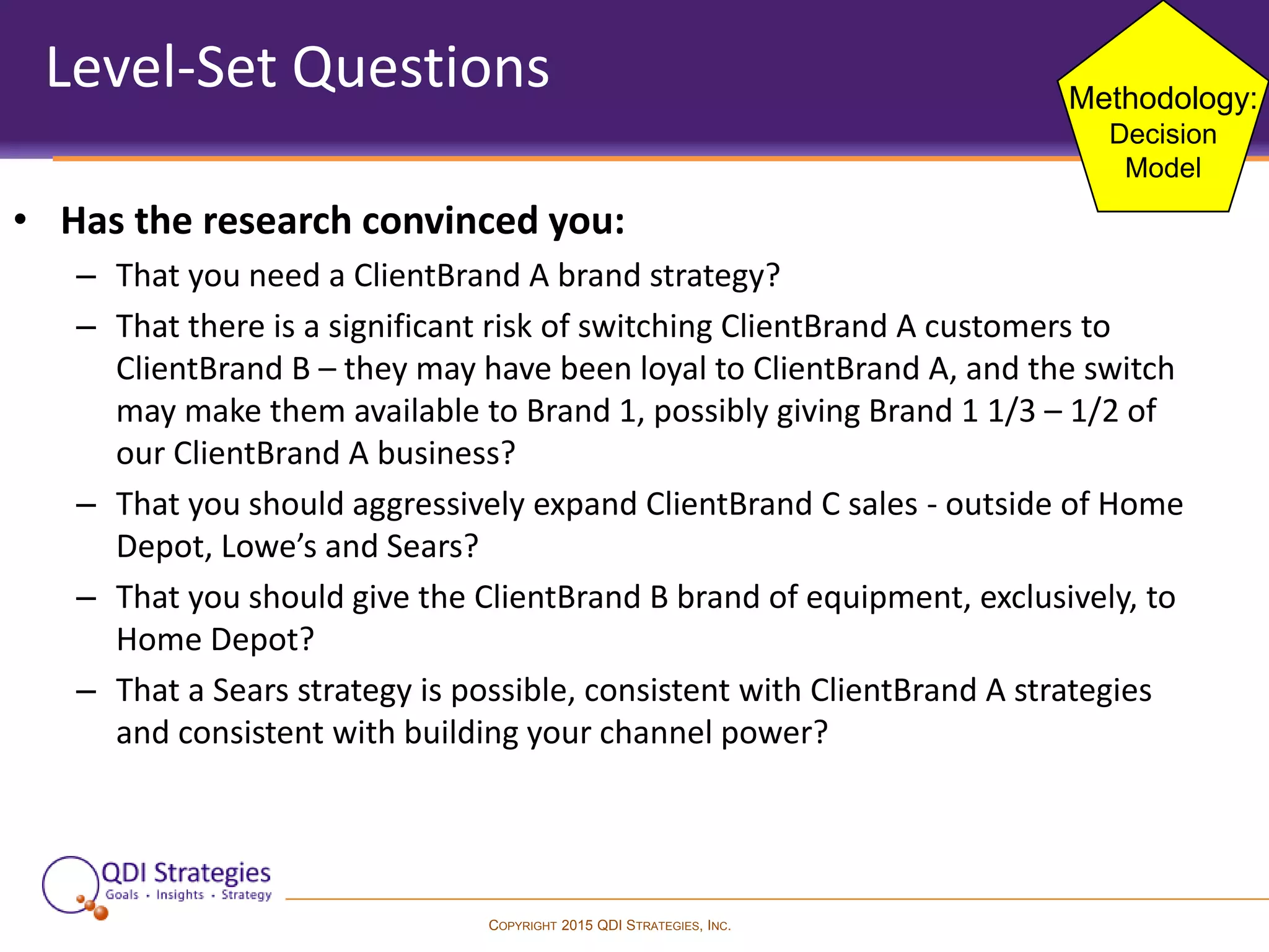 COPYRIGHT 2015 QDI STRATEGIES, INC.
Level-Set Questions
• Has the research convinced you:
– That you need a ClientBrand A brand strategy?
– That there is a significant risk of switching ClientBrand A customers to
ClientBrand B – they may have been loyal to ClientBrand A, and the switch
may make them available to Brand 1, possibly giving Brand 1 1/3 – 1/2 of
our ClientBrand A business?
– That you should aggressively expand ClientBrand C sales - outside of Home
Depot, Lowe’s and Sears?
– That you should give the ClientBrand B brand of equipment, exclusively, to
Home Depot?
– That a Sears strategy is possible, consistent with ClientBrand A strategies
and consistent with building your channel power?
Methodology:
Decision
Model
 