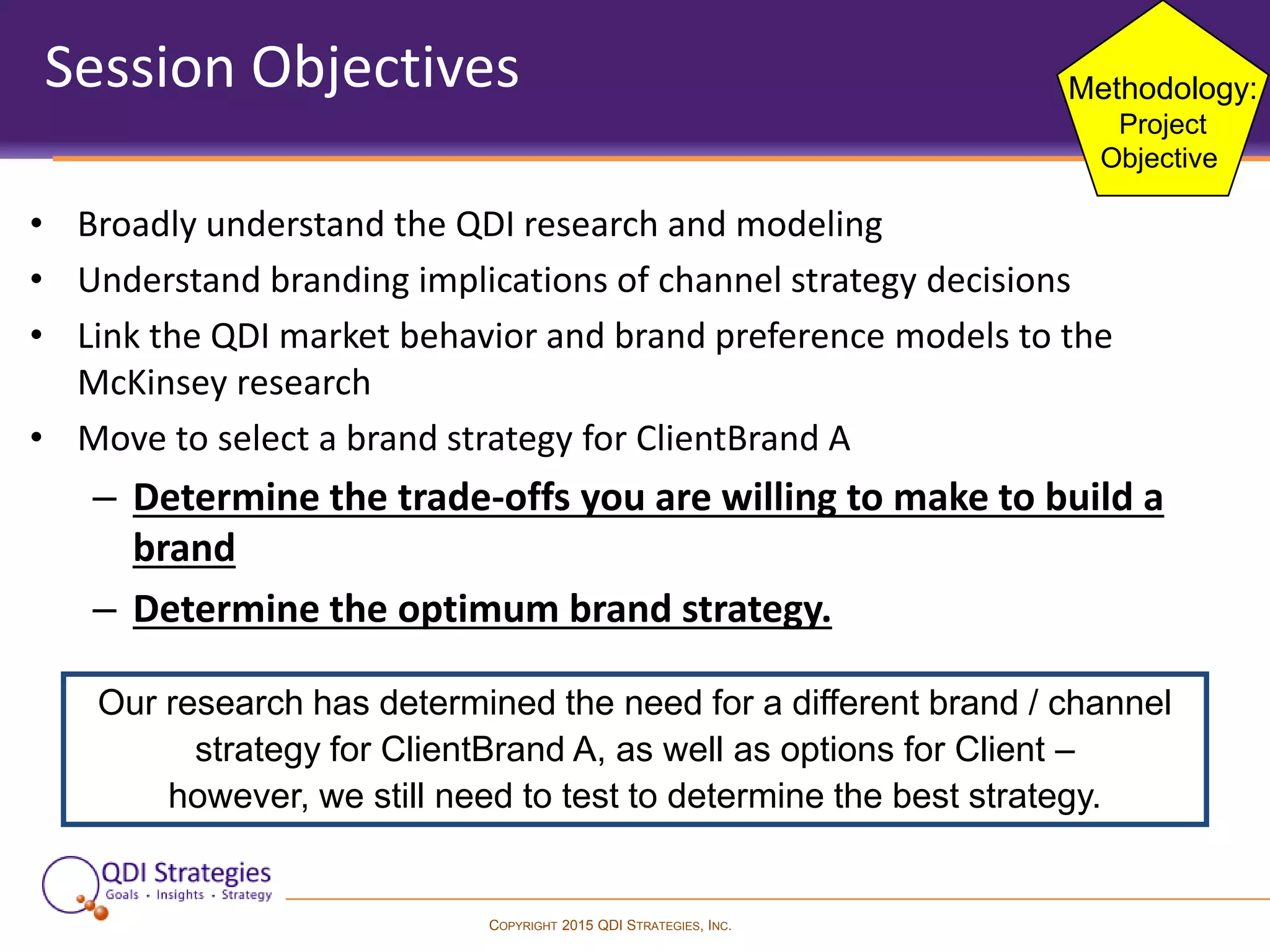 COPYRIGHT 2015 QDI STRATEGIES, INC.
Session Objectives
• Broadly understand the QDI research and modeling
• Understand branding implications of channel strategy decisions
• Link the QDI market behavior and brand preference models to the
McKinsey research
• Move to select a brand strategy for ClientBrand A
– Determine the trade-offs you are willing to make to build a
brand
– Determine the optimum brand strategy.
Our research has determined the need for a different brand / channel
strategy for ClientBrand A, as well as options for Client –
however, we still need to test to determine the best strategy.
Methodology:
Project
Objective
 