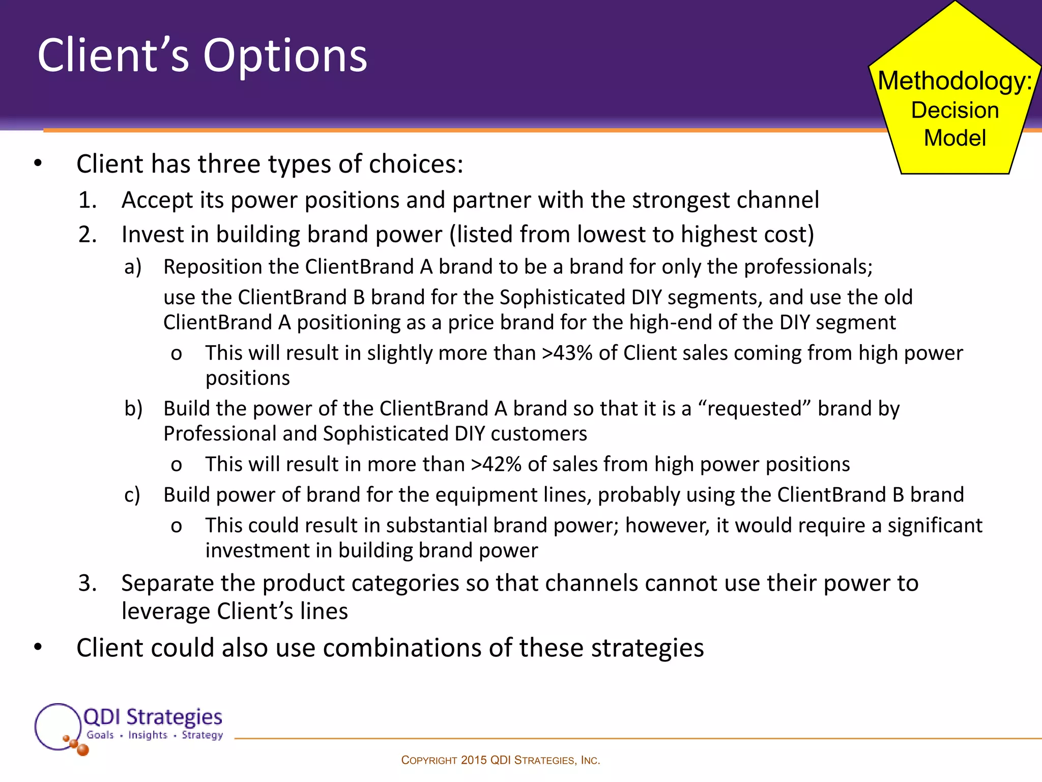 COPYRIGHT 2015 QDI STRATEGIES, INC.
Client’s Options
• Client has three types of choices:
1. Accept its power positions and partner with the strongest channel
2. Invest in building brand power (listed from lowest to highest cost)
a) Reposition the ClientBrand A brand to be a brand for only the professionals;
use the ClientBrand B brand for the Sophisticated DIY segments, and use the old
ClientBrand A positioning as a price brand for the high-end of the DIY segment
o This will result in slightly more than >43% of Client sales coming from high power
positions
b) Build the power of the ClientBrand A brand so that it is a “requested” brand by
Professional and Sophisticated DIY customers
o This will result in more than >42% of sales from high power positions
c) Build power of brand for the equipment lines, probably using the ClientBrand B brand
o This could result in substantial brand power; however, it would require a significant
investment in building brand power
3. Separate the product categories so that channels cannot use their power to
leverage Client’s lines
• Client could also use combinations of these strategies
Methodology:
Decision
Model
 