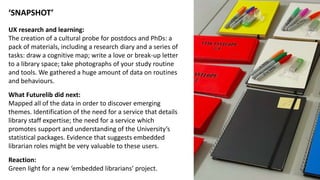 ‘SNAPSHOT’
UX research and learning:
The creation of a cultural probe for postdocs and PhDs: a
pack of materials, including a research diary and a series of
tasks: draw a cognitive map; write a love or break-up letter
to a library space; take photographs of your study routine
and tools. We gathered a huge amount of data on routines
and behaviours.
What Futurelib did next:
Mapped all of the data in order to discover emerging
themes. Identification of the need for a service that details
library staff expertise; the need for a service which
promotes support and understanding of the University’s
statistical packages. Evidence that suggests embedded
librarian roles might be very valuable to these users.
Reaction:
Green light for a new ‘embedded librarians’ project.
 