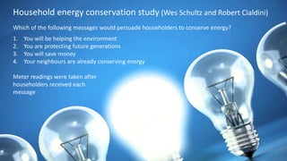 Household energy conservation study (Wes Schultz and Robert Cialdini)
Which of the following messages would persuade householders to conserve energy?
1. You will be helping the environment
2. You are protecting future generations
3. You will save money
4. Your neighbours are already conserving energy
Meter readings were taken after
householders received each
message
 