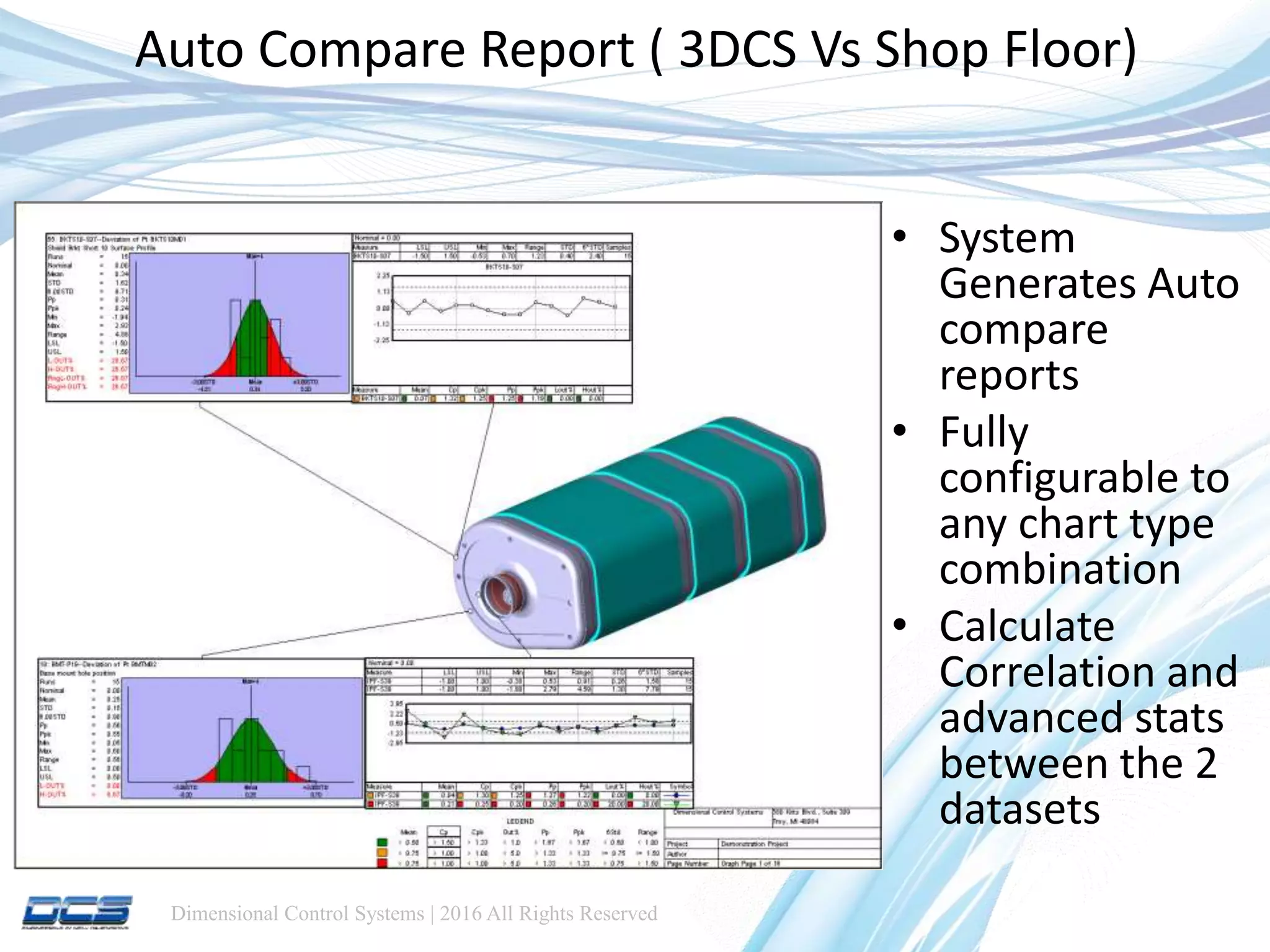 Dimensional Control Systems | 2016 All Rights Reserved
Auto Compare Report ( 3DCS Vs Shop Floor)
• System
Generates Auto
compare
reports
• Fully
configurable to
any chart type
combination
• Calculate
Correlation and
advanced stats
between the 2
datasets
 