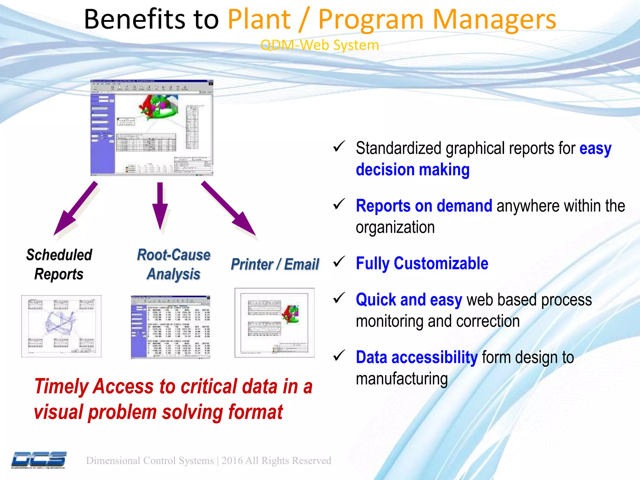 Dimensional Control Systems | 2016 All Rights Reserved
Benefits to Plant / Program Managers
QDM-Web System
 Standardized graphical reports for easy
decision making
 Reports on demand anywhere within the
organization
 Fully Customizable
 Quick and easy web based process
monitoring and correction
 Data accessibility form design to
manufacturingTimely Access to critical data in a
visual problem solving format
Scheduled
Reports
Root-Cause
Analysis
Printer / Email
 