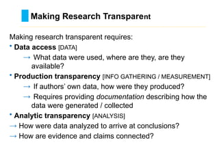 Making research transparent requires:
• Data access [DATA]
→ What data were used, where are they, are they
available?
• Production transparency [INFO GATHERING / MEASUREMENT]
→ If authors’ own data, how were they produced?
→ Requires providing documentation describing how the
data were generated / collected
• Analytic transparency [ANALYSIS]
→ How were data analyzed to arrive at conclusions?
→ How are evidence and claims connected?
Making Research Transparent
………………………………………………………………………….……………………………………….
 