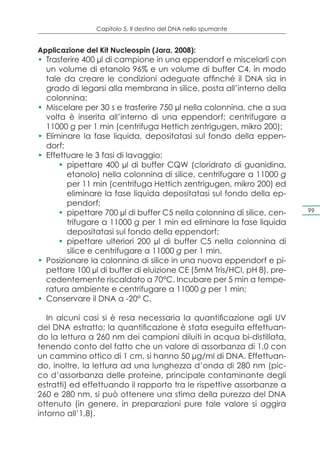 Capitolo 5. Il destino del DNA nello spumante


Applicazione del Kit Nucleospin (Jara, 2008):
•	 Trasferire 400 μl di campione in una eppendorf e miscelarli con
   un volume di etanolo 96% e un volume di buffer C4, in modo
   tale da creare le condizioni adeguate affinché il DNA sia in
   grado di legarsi alla membrana in silice, posta all’interno della
   colonnina;
•	 Miscelare per 30 s e trasferire 750 μl nella colonnina, che a sua
   volta è inserita all’interno di una eppendorf; centrifugare a
   11000 g per 1 min (centrifuga Hettich zentrigugen, mikro 200);
•	 Eliminare la fase liquida, depositatasi sul fondo della eppen-
   dorf;
•	 Effettuare le 3 fasi di lavaggio:
       •	 pipettare 400 μl di buffer CQW (cloridrato di guanidina,
          etanolo) nella colonnina di silice, centrifugare a 11000 g
          per 11 min (centrifuga Hettich zentrigugen, mikro 200) ed
          eliminare la fase liquida depositatasi sul fondo della ep-
          pendorf;
       •	 pipettare 700 μl di buffer C5 nella colonnina di silice, cen-   99

          trifugare a 11000 g per 1 min ed eliminare la fase liquida
          depositatasi sul fondo della eppendorf;
       •	 pipettare ulteriori 200 μl di buffer C5 nella colonnina di
          silice e centrifugare a 11000 g per 1 min.
•	 Posizionare la colonnina di silice in una nuova eppendorf e pi-
   pettare 100 μl di buffer di eluizione CE (5mM Tris/HCl, pH 8), pre-
   cedentemente riscaldato a 70°C. Incubare per 5 min a tempe-
   ratura ambiente e centrifugare a 11000 g per 1 min;
•	 Conservare il DNA a -20° C.

   In alcuni casi si è resa necessaria la quantificazione agli UV
del DNA estratto; la quantificazione è stata eseguita effettuan-
do la lettura a 260 nm dei campioni diluiti in acqua bi-distillata,
tenendo conto del fatto che un valore di assorbanza di 1,0 con
un cammino ottico di 1 cm, si hanno 50 μg/ml di DNA. Effettuan-
do, inoltre, la lettura ad una lunghezza d’onda di 280 nm (pic-
co d’assorbanza delle proteine, principale contaminante degli
estratti) ed effettuando il rapporto tra le rispettive assorbanze a
260 e 280 nm, si può ottenere una stima della purezza del DNA
ottenuto (in genere, in preparazioni pure tale valore si aggira
intorno all’1,8).
 