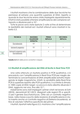 Valorizzazione delle D.O.C.G. Franciacorta ed Oltrepò Pavese metodo classico…


         I risultati mostrano che la combinazione delle due tecniche ha
      permesso di estrarre una quantità superiore di DNA, rispetto a
      quando le due tecniche erano state impiegate separatamente.
      Infatti è stato possibile ottenere amplificazione del campione sot-
      toposto a diluzione pari a 10-3.
         Tutte le prove sono state ripetute 2 volte al fine di determinare
      le ripetibilità dei metodi ed i risultati ottenuti sono mostrati in ta-
      bella 5.3.


             TECNICA               MASSIMA                PRIMA         SECONDA
                                   DILUIZIONE            REPLICA         REPLICA
                                    ESTRATTA
            Dynabeads                  10-1                +                 -

         Solventi organici             10-1                +                +

       Solventi organici più           10-3                +                +
108        Dynabeads


      Tabella 5.3 Esiti delle prove condotte in doppio




      5.5 Risultati di amplificazione del DNA di lievito in Real Time PCR

         Una volta ottenuto un risultato positivo in PCR qualitativa, si è
      proceduto con l’amplificazione in Real-Time PCR per meglio de-
      terminare la concentrazione di DNA amplificabile estratto impie-
      gando le biglie magnetiche. Infatti, la sensibilità della Real-Time
      PCR è superiore rispetto alla PCR qualitativa, il cui limite è stimato
      in 1000 copie di DNA target. La prova è stata allestita diluendo il
      DNA, aggiunto nel vino, fino alla 10-10 .
         Inizialmente sono stati impiegati i primer citati nel lavoro di Zott
      (2010), denominati SC1/SC2, disegnati sulle regioni ITS e specifi-
      ci per il genere Saccharomyces. Oltre ad un controllo negativo
      base, nella messa a punto della reazione di amplificazione è sta-
      to inserito anche un controllo negativo di Dekkera bruxellensis, al
      fine di valutare l’effettiva specificità dei primer.
         I risultati, riportati nella figura 5.5, mostrano che l’amplificazione
 