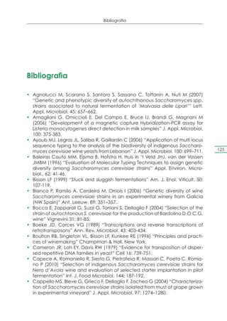 Bibliografia




Bibliografia

•	 Agnolucci M, Scarano S, Santoro S, Sassano C, Toffanin A, Nuti M (2007)
   “Genetic and phenotypic diversity of autochthonous Saccharomyces spp.
   strains associated to natural fermentation of ‘Malvasia delle Lipari’” Lett.
   Appl. Microbiol. 45: 657–662.
•	 Amagliani G, Omiccioli E, Del Campo E, Bruce IJ, Brandi G, Magnani M
   (2006) “Development of a magnetic capture Hybridization-PCR assay for
   Listeria monocytogenes direct detection in milk samples” J. Appl. Microbiol.
   100: 375-383.
•	 Ayoub MJ, Legras JL, Saliba R, Gaillardin C (2006) “Application of multi locus
   sequence typing to the analysis of the biodiversity of indigenous Saccharo-
   myces cerevisiae wine yeasts from Lebanon” J. Appl. Microbiol. 100: 699–711.      125
•	 Baleiras Couto MM, Eijsma B, Hofstra H, Huis in ‘t Veld JHJ, van der Vossen
   JMBM (1996) “Evaluation of Molecular Typing Techniques to assign genetic
   diversity among Saccharomyces cerevisiae strains” Appl. Environ. Micro-
   biol., 62: 41-46.
•	 Bisson LF (1999) “Stuck and sluggish fermentations” Am. J. Enol. Viticult. 50:
   107-119.
•	 Blanco P, Ramilo A, Cerdeira M, Orriols I (2006) “Genetic diversity of wine
   Saccharomyces cerevisiae strains in an experimental winery from Galicia
   (NW Spain)” Ant. Leeuw. 89: 351–357.
•	 Bocca E, Zapparoli G, Suzzi G, Torriani S, Dellaglio F (2004) “Selection of the
   strain of autochtonous S. cerevisiae for the production of Bardolino D.O.C.G.
   wine” Vignevini 31: 81-85.
•	 Boeke JD, Corces VG (1989) “Transcriptions and reverse transcriptions of
   retrotransposons” Ann. Rev. Microbiol. 43: 403-434.
•	 Boulton RB, Singleton VL, Bisson LF, Kunkee RE (1996) “Principles and practi-
   ces of winemaking” Champman & Hall, New York
•	 Cameron JR, Loh EY, Davis RW (1979) “Evidence for transposition of disper-
   sed repetitive DNA families in yeast” Cell 16: 739-751.
•	 Capece A, Romaniello R, Siesto G, Pietrafesa R, Massari C, Poeta C, Roma-
   no P (2010) “Selection of indigenous Saccharomyces cerevisiae strains for
   Nero d’Avola wine and evaluation of selected starter implantation in pilot
   fermentation” Int. J. Food Microbiol. 144: 187-192.
•	 Cappello MS, Bleve G, Grieco F, Dellaglio F, Zacheo G (2004) “Characteriza-
   tion of Saccharomyces cerevisiae strains isolated from must of grape grown
   in experimental vineyard” J. Appl. Microbiol. 97: 1274–1280.
 