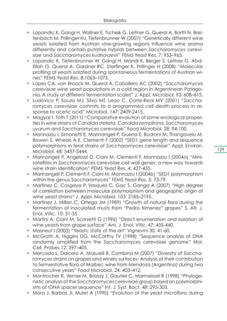 Bibliografia

•	 Lopandic K, Gangl H, Wallner E, Tscheik G, Leitner G, Querol A, Borth N, Brei-
   tenbach M, Prillinger HJ, Tiefenbrunner W (2007) “Genetically different wine
   yeasts isolated from Austrian vine-growing regions influence wine aroma
   differently and contain putative hybrids between Saccharomyces cerevi-
   siae and Saccharomyces kudriavzevii” FEMS Yeast Res. 7: 953–965.
•	 Lopandic K, Tiefenbrunner W, Gangl H, Mandl K, Berger S, Leitner G, Abd-
   Ellah G, Querol A, Gardner RC, Sterflinger K, Prillinger H (2008) “Molecular
   profiling of yeasts isolated during spontaneous fermentations of Austrian wi-
   nes” FEMS Yeast Res. 8:1063–1075.
•	 Lopes CA, van Broock M, Querol A, Caballero AC (2002) “Saccharomyces
   cerevisiae wine yeast populations in a cold region in Argentinean Patago-
   nia. A study at different fermentation scales” J. Appl. Microbiol. 93: 608–615,
•	 Ludovico P, Souza MJ, Silva MT, Leao C, Corte-Real MV (2001) “Saccha-
   romyces cerevisiae commits to a programmed cell death process in re-
   sponse to acetic acid” Microbiol. 147: 2409-2415.
•	 Magyar I, Tóth T (2011) “Comparative evolution of some enological proper-
   ties in wine strains of Candida stellata, Candida zemplinina, Saccharomyces
   uvarum and Saccharomyces cerevisiae” Food Microbiol. 28: 94-100.
•	 Mannazzu I, Simonetti E, Marinangeli P, Guerra E, Budroni M, Thangavelu M,
   Bowen S, Wheals A E, Clementi F (2002) “SED1 gene length and sequence
   polymorphisms in feral strains of Saccharomyces cerevisiae” Appl. Environ.
   Microbiol. 68: 5437-5444.                                                         129
•	 Marinangeli P, Angelozzi D, Ciani M, Clementi F, Mannazzu I (2004a) “Mini-
   satellites in Saccharomyces cerevisiae cell wall genes: a new way towards
   wine strain identification” FEMS Yeast Res. 4: 427-435.
•	 Marinangeli P, Clementi F, Ciani M, Mannazzu I (2004b) “SED1 polymorphism
   within the genus Saccharomyces” FEMS Yeast Res. 5: 73-79.
•	 Martinez C, Cosgaya P, Vasquez C, Gac S, Ganga A (2007) “High degree
   of correlation between molecular polymorphism and geographic origin of
   wine yeast strains“ J. Appl. Microbiol. 103: 2185–2195.
•	 Martinez J, Millan C, Ortega JM (1989) “Growth of natural flora during the
   fermentation of inoculated musts from “Pedro Ximenez” grapes” S. Afr. J.
   Enol. Vitic. 10: 31-35
•	 Martini A, Ciani M, Scorzetti G (1996) “Direct enumeration and isolation of
   wine yeasts from grape surface” Am. J. Enol. Vitic. 47: 435-440.
•	 Masneuf I (2003) “Yeasts: state of the art” Vignevini 30: 41-60.
•	 McGrath A, Higgins DG, McCarthy TV (1998) “Sequence analysis of DNA
   randomly amplified from the Saccharomyces cerevisiae genome” Mol.
   Cell. Probes 12: 397–405.
•	 Mercado L, Dalcero A, Masuelli R, Combina M (2007) “Diversity of Saccha-
   romyces strains on grapes and winery surfaces: Analysis of their contribution
   to fermentative flora of Malbec wine from Mendoza (Argentina) during two
   consecutive years“ Food Microbiol. 24: 403–412.
•	 Montrocher R, Verner M, Briolay J, Gautier C, Marrneissel R (1998) “Phyloge-
   netic analysis of the Saccharomyces cerevisiae group based on polymorphi-
   sms of rDNA spacer sequence” Int. J. Syst. Bact. 48: 295-303.
•	 Mora J, Barbas JI, Mulet A (1990) “Evolution of the yeast microflora during
 